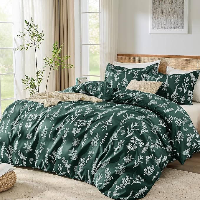 MUXHOMO Duvet Cover Full Size, Reversible Floral Forest Green Duvet Cover Set with Zipper Closure, 3 Pieces Botanical Patterns Soft Microfiber Bedding Set with 4 Ties (80"x90", 2 Pillow Cases)