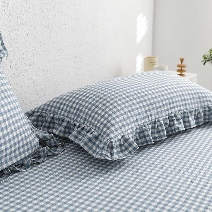 mixinni Blue White Gingham Ruffle Duvet Cover Twin XL Size 3 Pieces – 100% Washed Cotton, Vintage Plaid Ruffled Bedding Set with Zipper Ties, Soft Checkered Grid Farmhouse Chic Comforter Cover Set