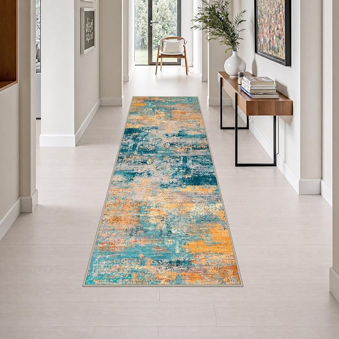 2.6x8 Washable Runner Rug：Modern Abstract Soft Carpet Rosy Haze | For Hallway, Bedroom, Kitchen, Laundry, Bathroom,Door Mat,Modern Abstract,Machine washable,Non-Slip,Stain Resistant,Indoor