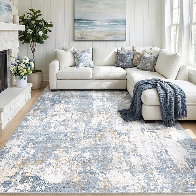 RELEANY Washable 9'x12' Abstract Area Rug for Living Room Light Blue | Carpet for Bedroom, Kitchen, Office, Hallway and Entryway, Printed Pattern, Non‑Slip, Soft, Stain‑Resistant, Easy to Clean