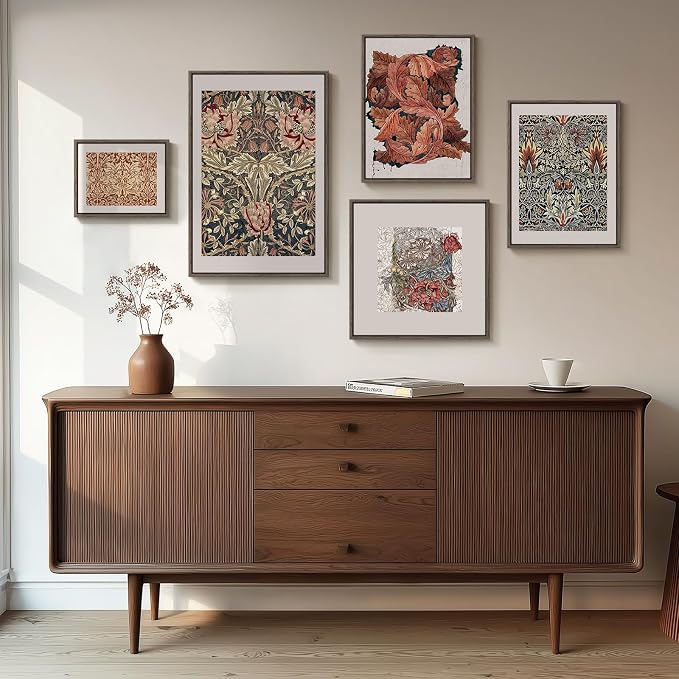 Large Framed William Morris Vintage Wall Art for Living Room, 5 Piece | Fine art, Canvas, Colorful, Botanical, Floral, Aesthetic, Easy to hang, Waterproof, Bedroom/Office/Hallway/Wall decor