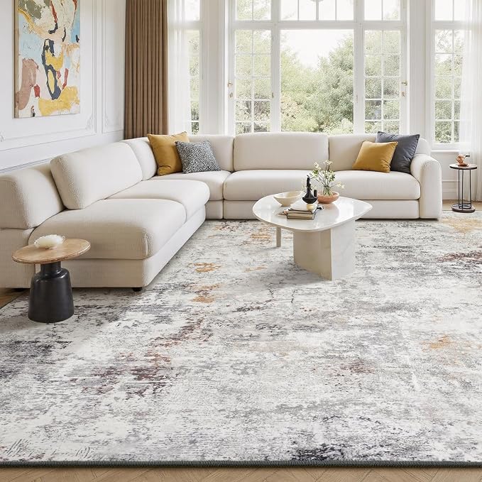 Rugflix 10x14 Area Rugs for Living Room, Washable Beige Grey Large Rug | Machine Washable; Stain-Resistant; Low Pile; Non-Slip; Modern Abstract; Carpet for Bedroom Dining Office Nursery Home
