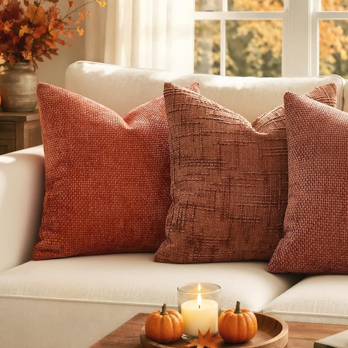 MIULEE Chenille Textured Fall Throw Pillow Covers Burnt Orange 18x18 | Set of 2, Slubby Decorative Pillows, Boho Farmhouse Home Decor, Modern Neutral Cushion Covers for Couch Sofa Bed Living Room