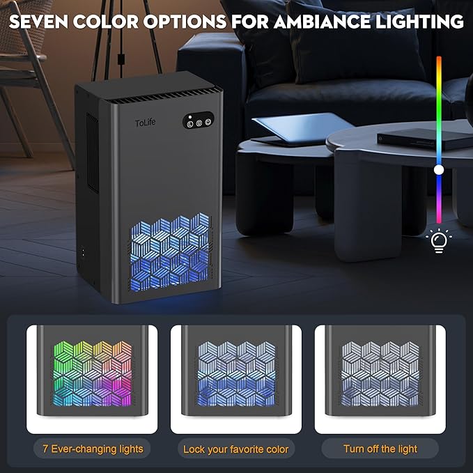 ToLife Dehumidifier, 1000 Sq Ft 95 oz Tank with Sleep Mode, Auto Shutoff | Portable for Home, Bedroom, Bathroom and Basement with 7-Color LED Light, Grey