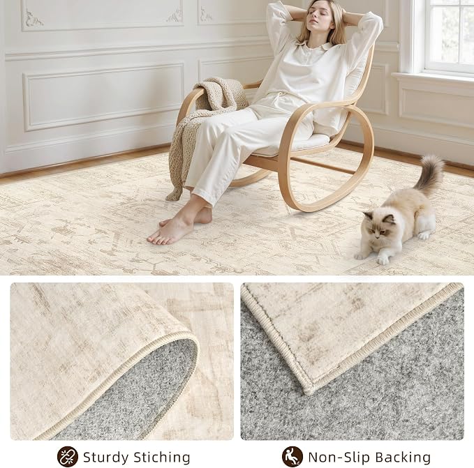 6x9 Area Rugs Living Room: Bedroom Washable Carpet Beige/Brown | Large Vintage Boho Indoor Decor Neutral Soft Nursery Farmhouse Dining Room Office Floor Non-Slip Low Pile Under Table Rug
