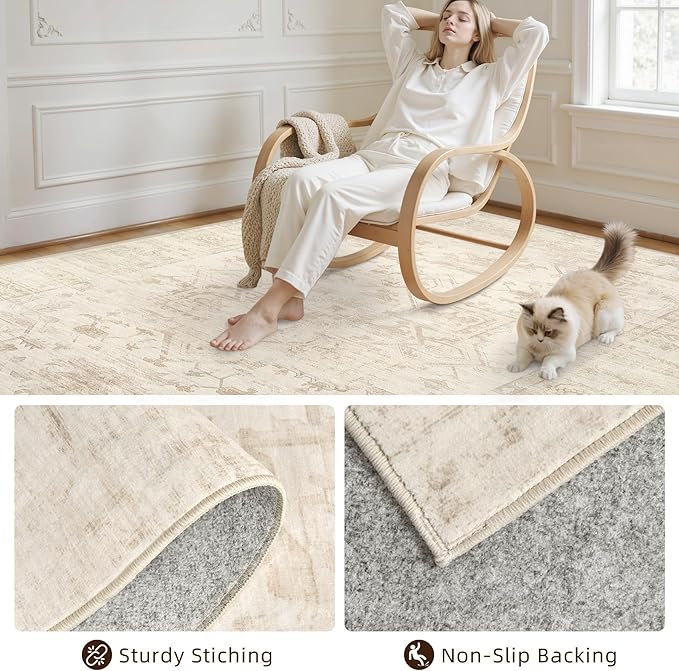 4x6 Area Rugs Living Room: Bedroom Washable Carpet Beige/Brown | Large Vintage Boho Indoor Decor Neutral Soft Nursery Farmhouse Dining Room Office Floor Non-Slip Low Pile Under Table Rug