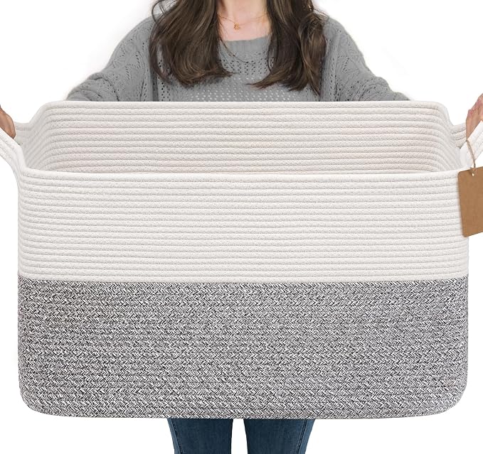 Goodpick 75L Extra Large Woven Rope Blanket Basket, Rectangle, Light Gray | 22" × 17" × 12" Decorative Storage Basket for Pillows & Clothes, Fits Bedroom & Nursery Organization, Reinforced Handles