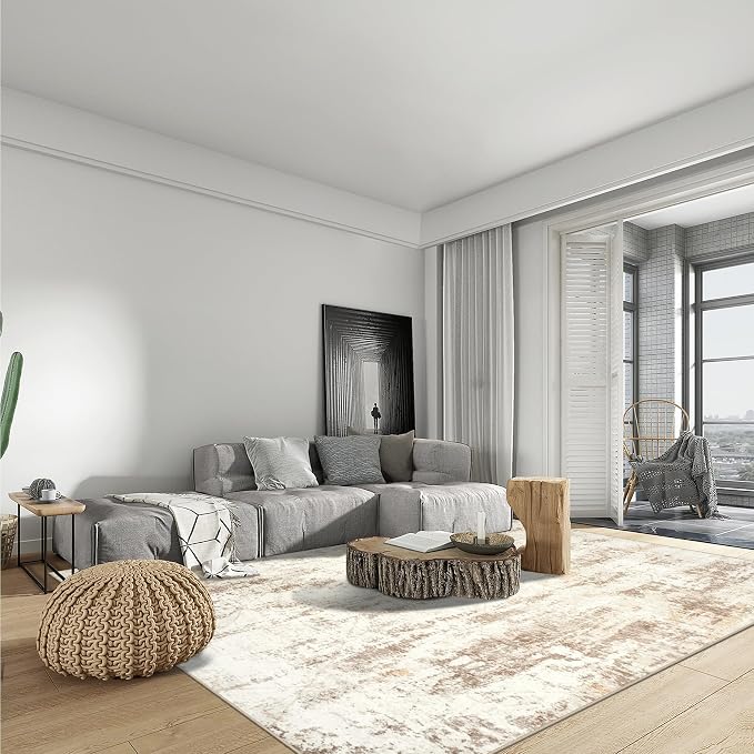 8x10 Area Rugs for Living Room: Washable Abstract Beige Grey Badroom Carpet | Non-slip TPE backing makes this washable soft low-pile rug safe & durable, Pet-friendly decor for dining room,nursery,office