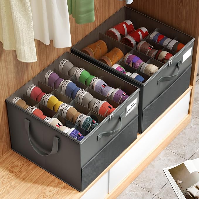 Large Reinforced Shoe Organizer for Closet with Adjustable Dividers, Gray | Customizable Compartments for Sneakers, Boots, Heels, Sandals, Clothes, Towels and Toys, Versatile Cube Storage Organizer
