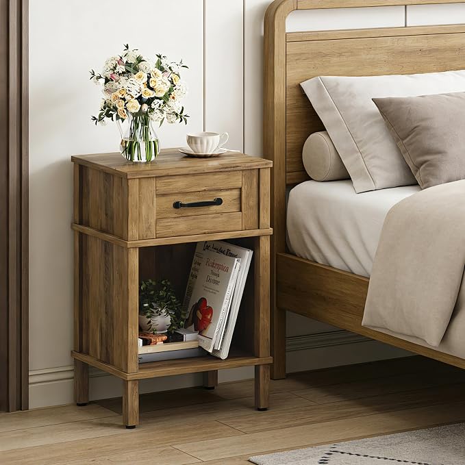 Small Brown Night Stand,Rustic End Table,Wood Nightstand with Drawer | Side End Table with Drawer,End Table Living Room,Farmhouse Nightstand,Modern Brown Side Table for Bedroom LET512DR
