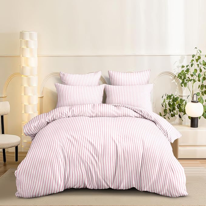 Nayoroom Pink White Striped Duvet Cover Set Full | Coquette Modern Farmhouse, Dorm Bedding, Soft Breathable Washed Microfiber, All-Season Comfort, Hidden Zipper, 4 Corner Ties