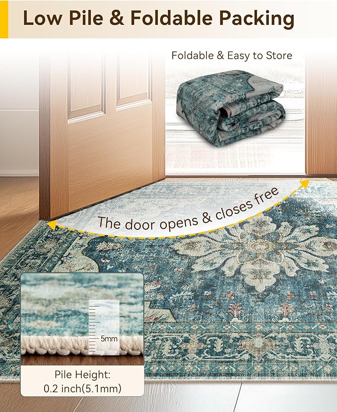 RELEANY Washable Area Rug, Runner 2'x8', Blue/Vintage Dark Blue | Non-Slip, Water Repellent, Pet Friendly, Easy to Clean, Vintage Floral Boho Decor for Kitchen Hallway Bedroom Laundry