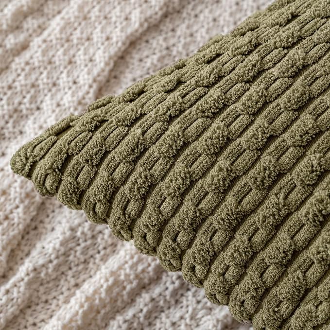 MIULEE Decorative Throw Pillow Covers 18x18 Olive Green Textured Corduroy | Pack of 2 Striped Pillow Covers Modern Farmhouse Coastal Home Decor for Couch Bed Sofa Living Room