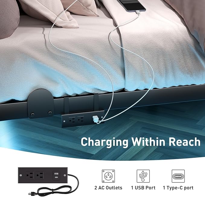 qimamo Floating Queen Bed Frame, 14 Inch Metal Platform Bed with Smart LED Lights & Charging Station, Easy Assembly, No Box Spring Needed
