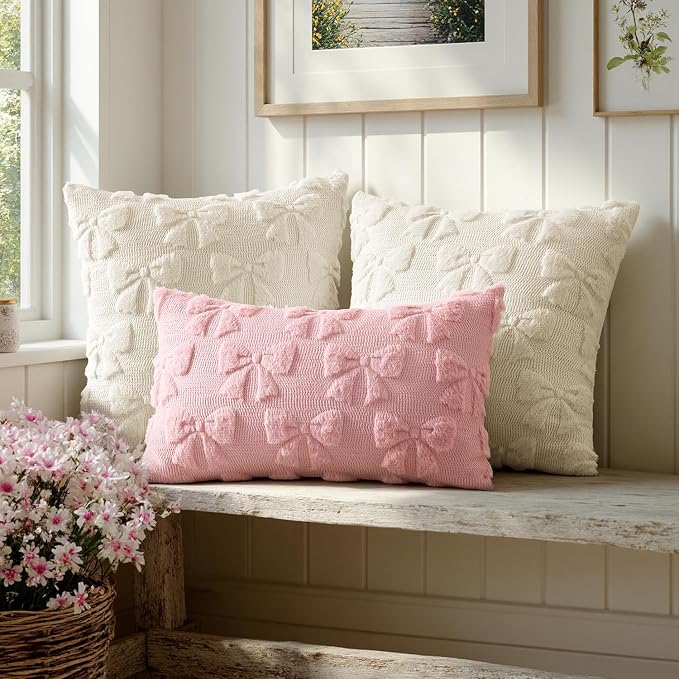MIULEE Pink Bow Pillow Covers Coquette Room Decor 12x20 Lumbar | Aesthetic Decorative Cute Girl,Set of 2 Cushion Covers,Soft Plush Faux Pillowcases,Preppy Room Decor Bedroom Couch