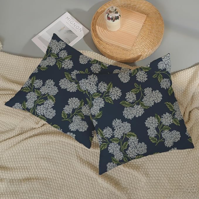 Navy Blue Spring Pillow Covers 22x22 Inch 2 Pcs Blue Green Hydrangea Flower Decor Throw Pillows Vintage Floral Seasonal Summer Outdoor Decoration Pillowcase Linen Cushion Cover for Couch Sofa