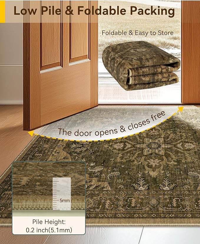 RELEANY Washable Area Rug, 7'x9', Brown/Dark Brown | Non-Slip, Water Repellent, Pet Friendly, Easy to Clean, Vintage Floral Boho Decor for Living Room Bedroom Dining Room Office