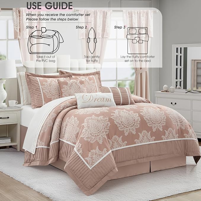 Blush Queen Comforter Set, 15 Pieces, Damask Jacquard Woven, Bedding Set with Sheets, Room in a Bag, Comforter, Bed Skirt, Pillow Shams and Decor Pillows, Curtains