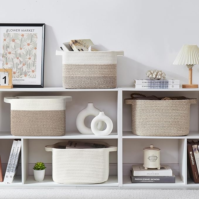 OIASKET Storage Basket for Organizing, Woven Baskets for Storage, Rectangle Decorative Baskets for Shleves, Closet, Toys, Books, Nursery Organizer Bins - Pack of 3 (Brown & White, 13"x9.85"x8.7")