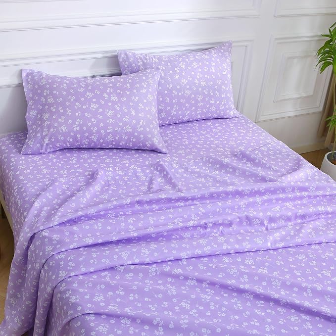 Viviland Full Sheet Set - 4 Piece Cute Purple and White Flower Patterned Bed Sheets - Soft, Breathable Microfiber Sheets with Deep Pocket, Non-Slip Fitted Sheets & Pillowcases