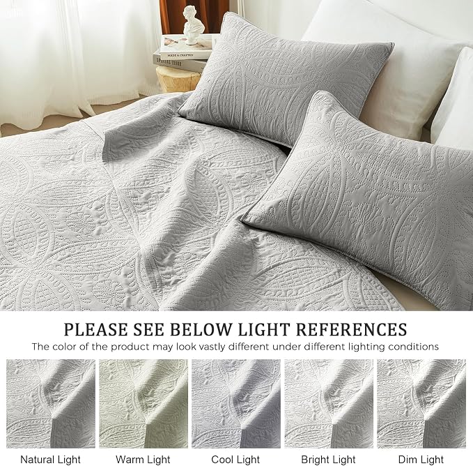 akkialla 118"x106" Light Grey California King Quilt Set, Oversized Floor-Length Bedspread, Modern Coin Pattern Microfiber Coverlet, 3-Piece All Season Bedding with 2 Pillow Shams