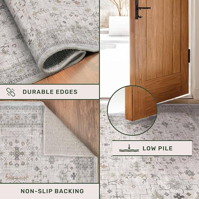 Washable 8ft Long Runners for Hallways, 2x8 Light Gray & Sage Kitchen Runner Rug, Entryway Indoor Runner for Bathroom, Non Slip Boho Vintage Floor Décor for High Traffic Area