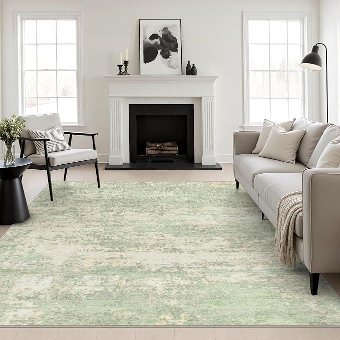 Area Rug Living Room: 8x8 Modern Washable Soft Carpet Green Cream | For Bedroom Dining Room Farmhouse Nursery Hallway Office,Modern Abstract,Machine washable,Non-Slip,Stain Resistant,Indoor
