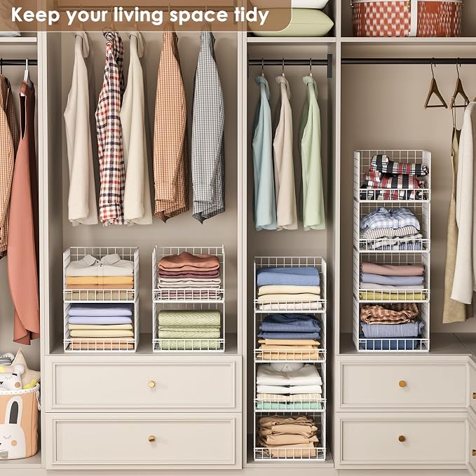 4-Tier Stackable Closet Organizers and Storage Baskets, Closet Shelf Organizer, Space-Saving Clothes Storage Drawer, Foldable Clothes Storage Bins for Closet Organizer System, White(Patent 30022416)