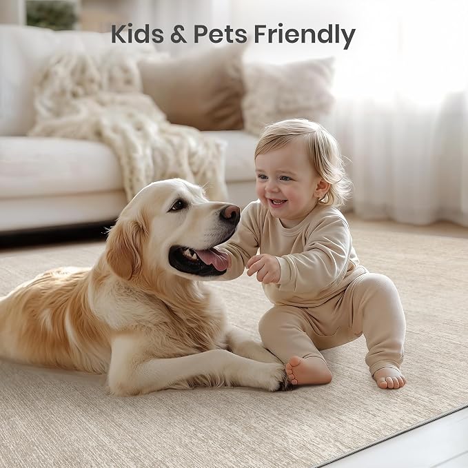 Round Rugs 6ft, Circle Washable Area Rugs for Living Room, Beige | Soft Low Pile, Thin & Lighweight Non Slip Carpet, Folable Stain Resistant Modern Indoor Floor Mat for Bedroom, Dining Room