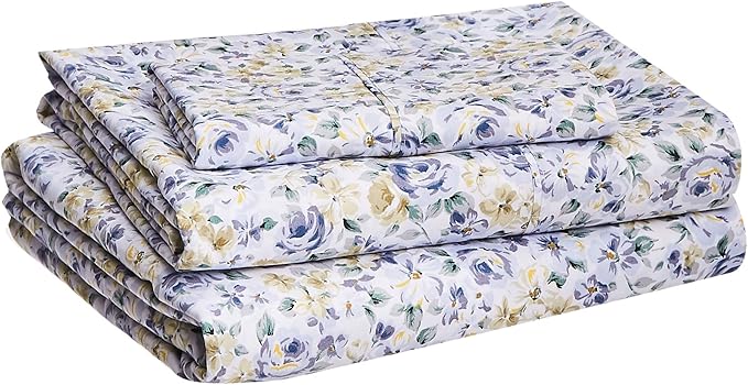 Amazon Basics Lightweight Super Soft Easy Care Wrinkle Free Breathable Brushed Microfiber 3 Piece Bed Sheet Set with 14-Inch Deep Pockets, Twin, Blue Floral, Kids, Men & Women Bedding