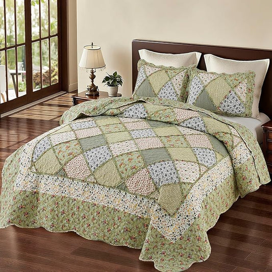 King Size Quilt Set Green Floral Patchwork Quilted Bedspreads Coverlet Set | VIVILINEN 3-Piece Floral Reversible Stitched Quilt Bedding Set Lightweight Comforter Bed Cover Blanket with 2 Pillow Shams