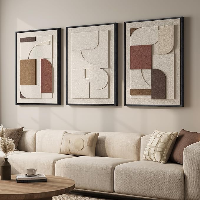 3D Textured Large Framed Neutral Abstract Wall Art for Living Room, 3 Piece | Wood Frames, Brown and Cream Sandstone Paintings, Modern Artwork for Walls, Geometric Sculptural Pictures Wall Decor Bedroom