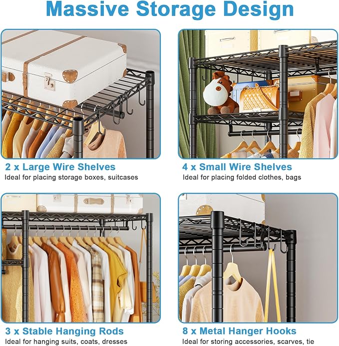 Ulif F7 Medium Clothes Rack, Clothing Racks for Hanging Clothes, Black | Heavy Duty Garment Rack, 6-Tiers Freestanding Portable Closet Storage Racks 45'' W × 14.6'' D × 76.6'' H, Max Load 750 Lbs