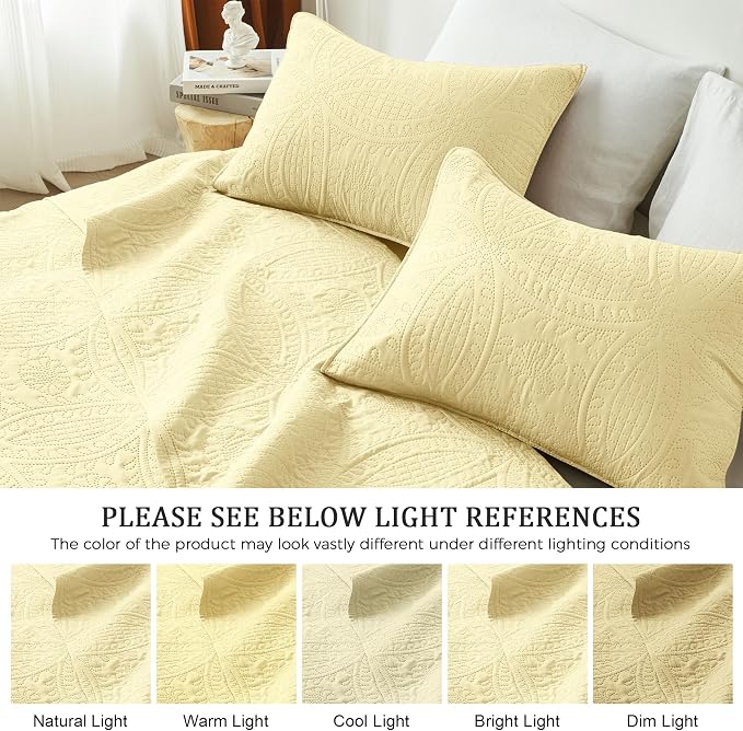 akkialla Butter Yellow King/Cal King Quilt Set,Ultrasonic Lightweight Bedspread Coverlet for Modern Minimalist Bedroom,Soft Microfiber Coin Pattern Bedding,3-Piece (1 Quilt,2 Pillow Shams)