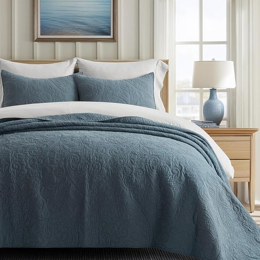 EVERGRACEHOME 100% Cotton Paisley Quilt Set, Queen Size, Stormy Blue | Prewashed for Softness, Year-Round Breathability, Gift-Ready Box, Matelasse-style Quilted Coverlet, 3 Piece Set with 2 Shams
