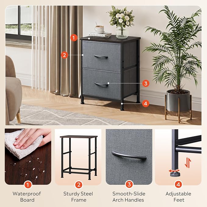 WLIVE Nightstand, 2 Drawer Dresser for Bedroom, Small Dresser with 2 Drawers, Bedside Furniture, Night Stand, End Table with Fabric Bins for Bedroom, Closet, Entryway, College Dorm, Dark Grey | End Table with Fabric Bins for Bedroom, 15-Min Quick-Assem...