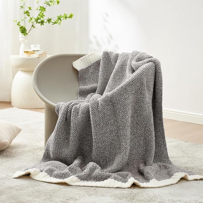 Snuggle Sac Grey Blankets Twin Size for Bed and Sofa, Reversible Super Soft Blankets Warm Cozy Knit Blankets Fuzzy Plush Blanket, Grey, 60x80 inches