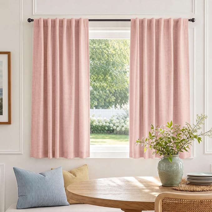 Faux Linen Total Blackout Curtains for Bedroom 54 Inch Long Blush Pink | 100% Blackout Shield, Back Tab/Rod Pocket Living Room Drapes, Thermal Insulated Blackout Curtains 2 Panels Set, 42"W x 54"L