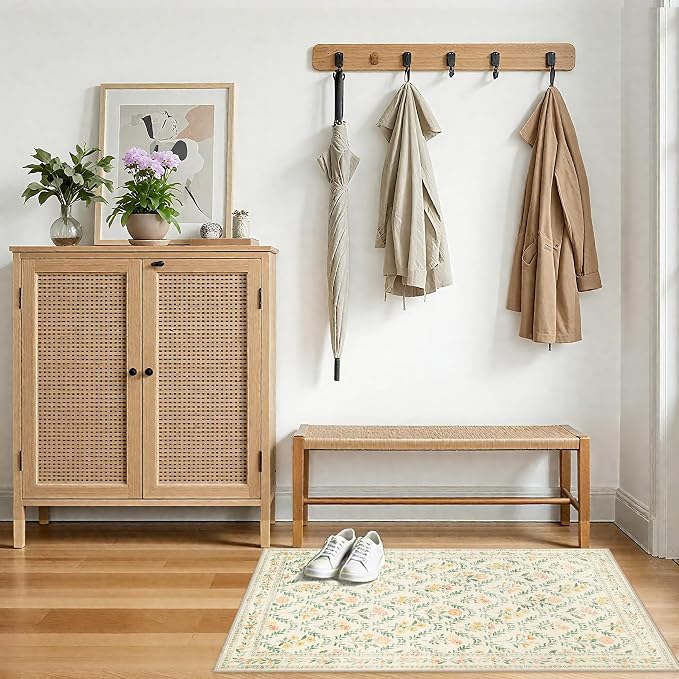 PLHXFR 2x3 Small Entryway Rug: Floral Washable Indoor Carpet Beige Multi | For Entrance, Bedroom, Kitchen, Laundry, Bathroom,Door Mat,Vintage Floral,Machine washable,Non-Slip,Stain Resistant,Indoor