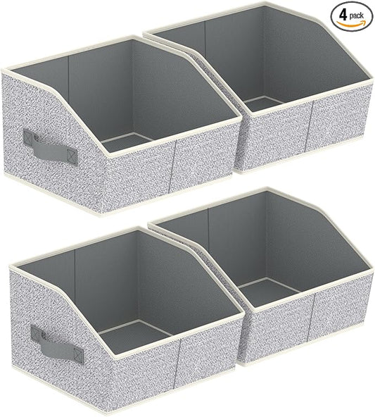 Storage Bins for Shelves - Small Trapezoid Closet Shelf Organizer, Fabric Organization Bins with Handles, Storage Baskets for Clothes, Towel, Purse, 4 Pack, Light Gray