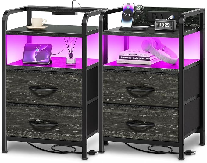 Huuger Nightstands Set of 2, Night Stand with LED Lights, Charging Station | USB-C Ports, 2 Drawers Bedside Table, Open Shelf, 2-Way Power Panel Install, End Table, Charcoal Black Wood Grain Print