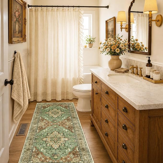 RELEANY Washable Area Rug, Runner 2'x6', Brick/Brown/Green | Non-Slip, Water Repellent, Pet Friendly, Easy to Clean, Vintage Floral Boho Decor for Kitchen Entry Bedroom Bedside Laundry