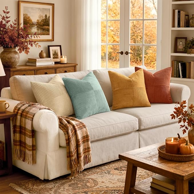 MIULEE Fall Teal-Orange Decorative Throw Pillow Covers 20x20 Inch Set of 4 Boho Corduroy Striped Cushion Cases Modern Farmhouse Patchwork Pillow Cases for Couch Sofa Bedroom Home Decor