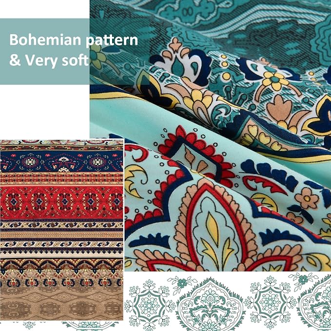 Cottolester Boho Queen Size Comforter Set 8 Pieces,Green and Brown Bohemian Striped Bed in a Bag,Floral Soft Microfiber Bedding Comforter Set