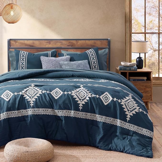 MaiRêve Embroidery King Size Comforter Set 7 Pieces Navy Blue Bed in a Bag | Western Boho Farmhouse Bedding Sets with Comforter, Sheets, Pillowcases & Shams