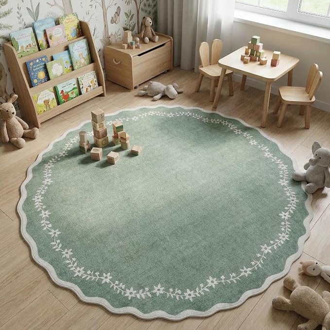 GarveeHome Round Rugs 6ft Scalloped Washable Circle Rug for Dining Room | Soft Sage Green Non Slip Floral Print Floor Mat Carpet Indoor Thin Tent Rug for Kids Bedroom Playroom Nursery Entryway