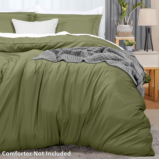 Duvet Cover Queen, 3 Piece Cotton Like Polyester With Zipper Closure, Olive | Extra Soft and Breathable, Wrinkle & Fade Resistant, Includes Duvet Cover and 2 Pillow Shams, Comforter Not Included, OekoTex