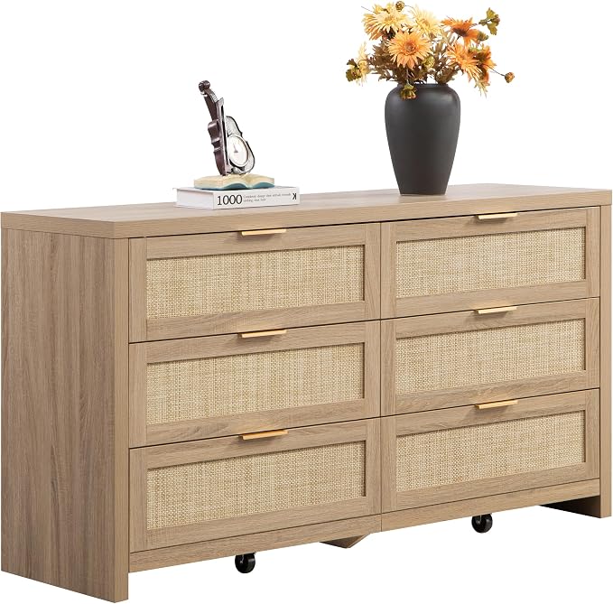 SICOTAS Rattan Dresser for Bedroom, 57" Wide 6 Drawer Dresser | Dressers with Ample Storage, Large Chest of Drawers, Closet, Boho TV Stand for Bedroom, Reclaimed Light Oak, 1 Piece
