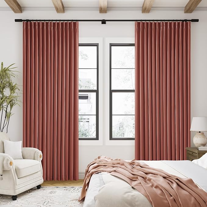 Terracotta Pinch Pleat 100% Blackout Linen Bedroom Curtains 96 Inch Length | Double Layer Curtains, Pleat with Ring Hooks Back Tab, Black Out Room Darkening Drapes, for Living Room, 40x96 2 Panels Set
