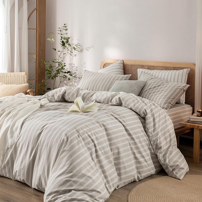 BESTOUCH Striped Cotton Duvet Cover Set Linen Feel California King | 100% Washed Cotton, Soft Wrinkle Texture, Hidden Zipper, 8 Ties, Breathable Lightweight Durable Comfy, 3 Pcs No Insert